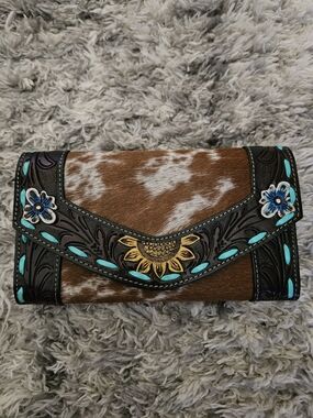 Handcrafted Brown Cowhide Clutch with Turquoise Floral Accents